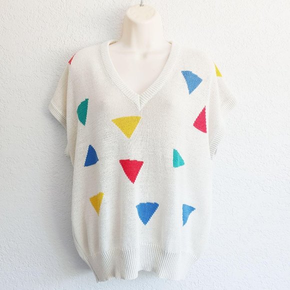 Vintage Sweaters - Vintage Mervyn's Triangles Soft Knit Sweater Vest Top LARGE V-Neck Academia